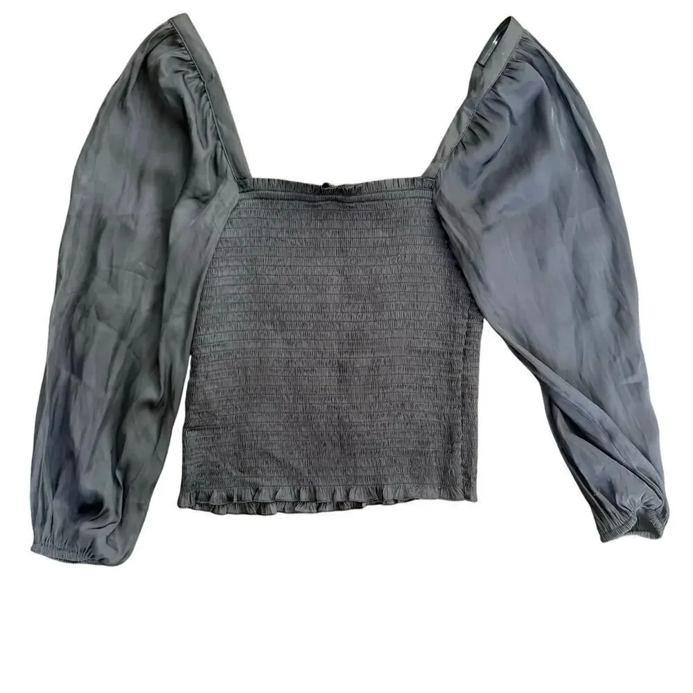 J.CREW | NWT Featherweight Smocked Square Neck Cropped Top Black Satin Size XS